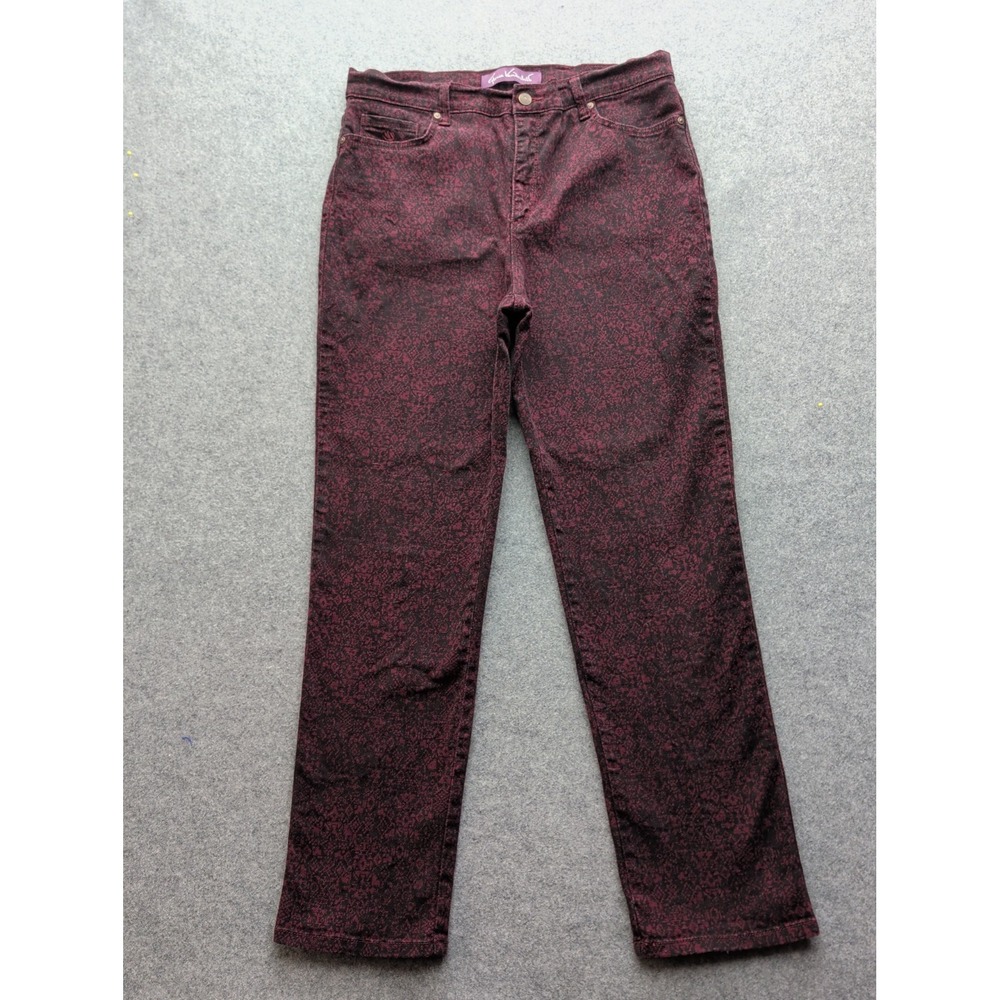 Gloria Vanderbilt Women's Amanda Jeans with a dark burgundy damask pattern Sz 12